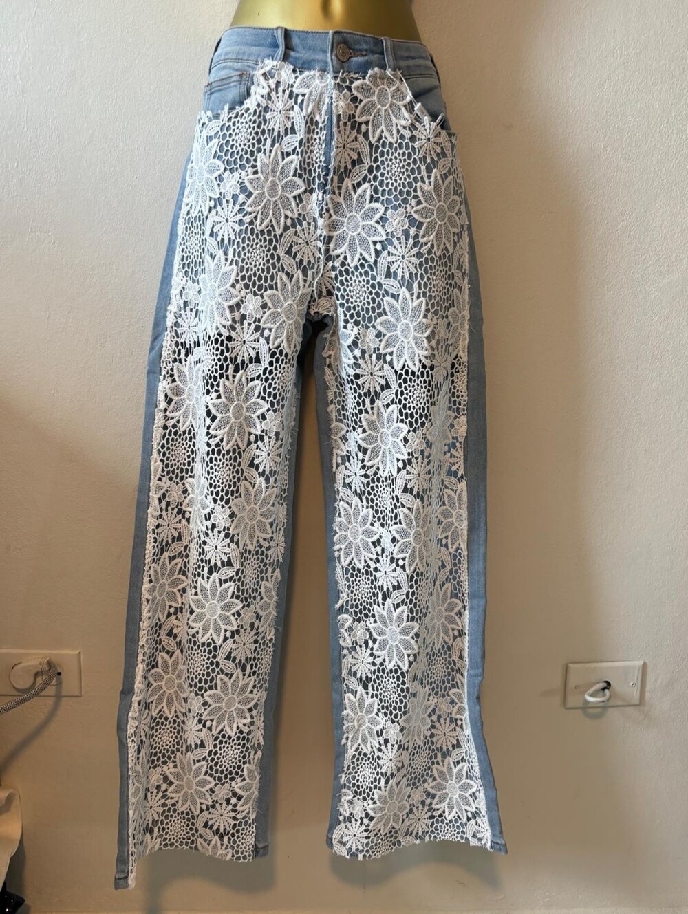 Light Wash Denim Pants with White Floral Lace Inset